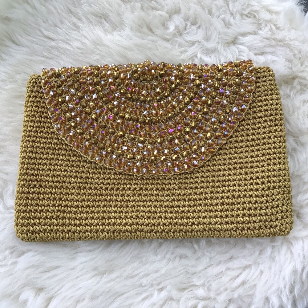 Lovely Gold Beaded Raffia Woven Clutch Handbag Clutch